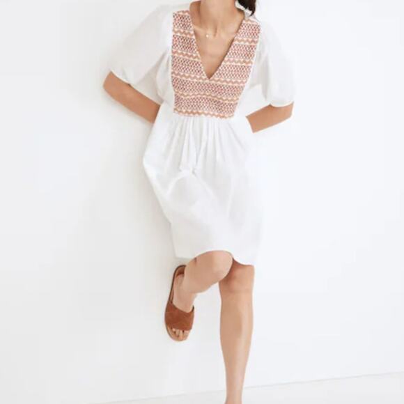 Madewell Embroidered Poplin V Neck Mini Dress White Puff Sleeves Cotton 00 XXS - Picture 1 of 11